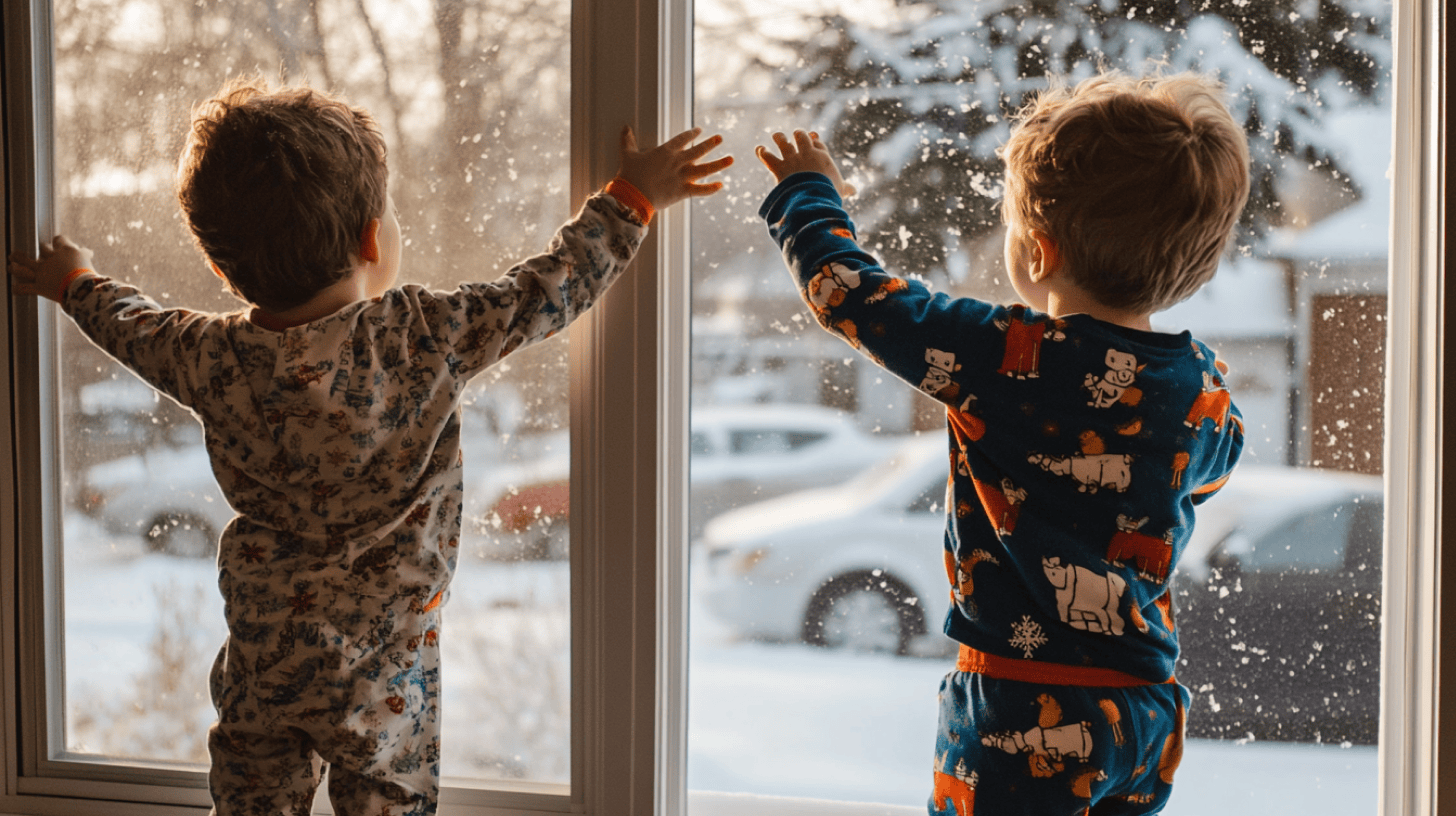 Two toddlers in pajamas watching the snow through a window.